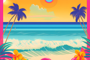 Fototapeta na wymiar Colorful tropical beach background with palm trees, retro illustration. Generative AI