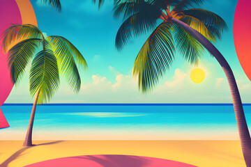 Fototapeta na wymiar Retro 80s illustration of a tropical beach with palm trees. Generative AI