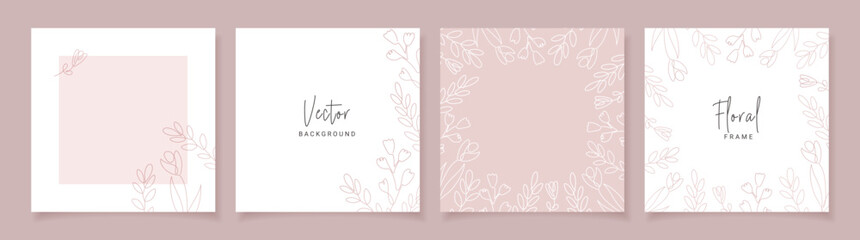 Minimalist abstract backgrounds in pink color with hand drawn line floral elements. Vector design templates for postcard, poster, flyer, magazine, social media post, banner, wedding invitation.
