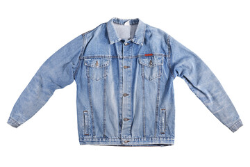 Old blue denim jacket isolated on white background