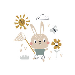 vector image of a bunny chasing butterfly