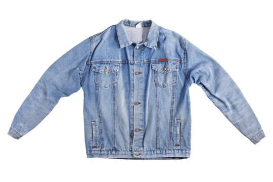 Old blue denim jacket isolated on white background
