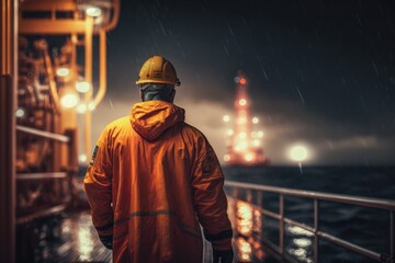 Naklejka na ściany i meble Offshore and industrial workers working on an oilrig, made with generative ai