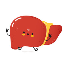 Cute funny liver jumping character. Vector hand drawn cartoon kawaii character illustration icon. Isolated on white background. Liver character concept