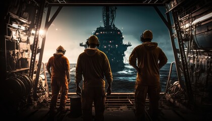 Offshore and industrial workers working on an oilrig, made with generative ai