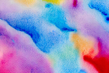 Naklejka premium Colorful watercolor splash brush stroke. Blue purple and pink color stain pattern texture background painting on white watercolor paper, hand drawn, abstract illustration graphic art design