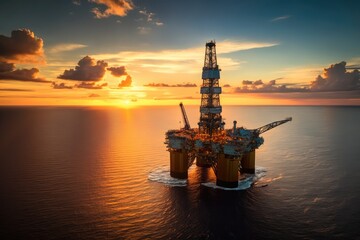 Obraz premium Oilrig in the sunset from aerial view, made with generative ai