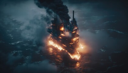 Oilrig in flames, made with generative ai