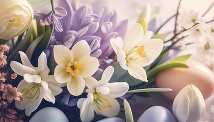 Fototapeta na wymiar Pastel Colour Easter Eggs Background. Flowers and eggs on blue background.