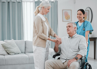Obraz premium Disability, doctor or old couple holding hands in rehabilitation for support, empathy or solidarity together. Physiotherapy healthcare, wheelchair or medical nurse nursing elderly disabled patient