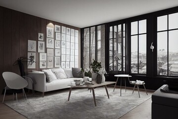 Modern apartment's chic Scandinavian living room interior features a wooden toilet, a design table, chairs, carpet, abstract wall art, and unusual home accents. Template. Generative AI
