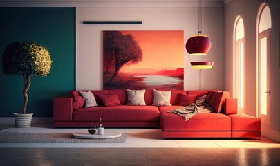 a living room with a red couch and a painting on the wall.  generative ai