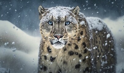  a snow leopard with blue eyes walking through the snow in the wild.  generative ai - obrazy, fototapety, plakaty