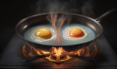  two eggs frying in a frying pan over a fire.  generative ai