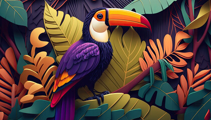A stylized toucan in the jungle - Generative AI - obrazy, fototapety, plakaty