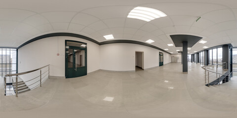 full spherical hdri 360 panorama view in empty modern hall near panoramic windows with columns,...
