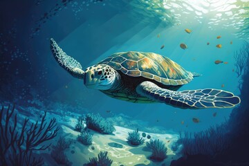 Obraz premium A marine turtle resting on the sandy ocean floor. a turtle that lives in the ocean and dives to eat. Submarine habitat inhabited by a sea turtle. Image of a marine turtle seen while scuba diving