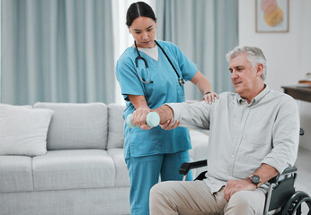 Disability, nurse or old man with dumbbell in wheelchair moving arm for muscle strength in...