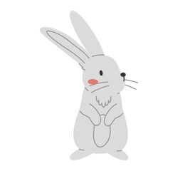 Hand drawn cute cartoon illustration of standing small rabbit. Flat vector spring animal, Easter design sticker in colored doodle style. Bunny, hare character icon or print. Isolated on background.