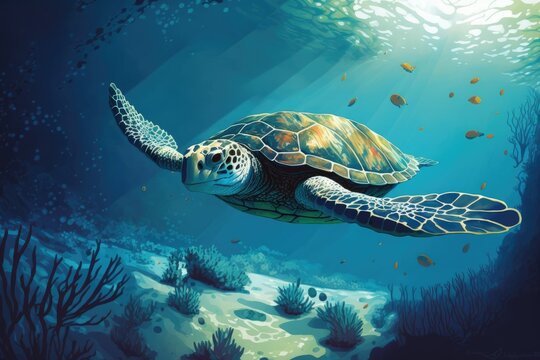 A marine turtle resting on the sandy ocean floor. a turtle that lives in the ocean and dives to eat. Submarine habitat inhabited by a sea turtle. Image of a marine turtle seen while scuba diving