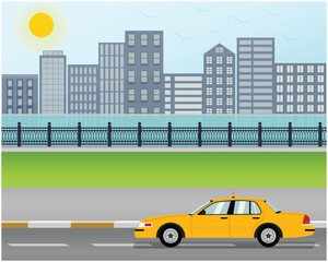 Urban Cityscape Illustration, Taxi Cab With Modern City Landscape And River Background
