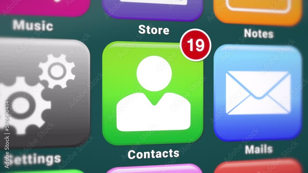 Poster video animation of a smartphone screen. in focus a contact app with notifications. moving background