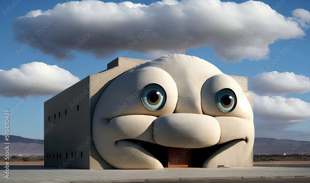 Poster a large building with a face on the side of it. generative ai