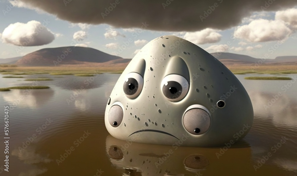 Poster a rock with a sad face sitting in the water with a cloudy sky in the background. generative ai