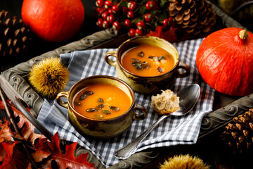 Pumpkin soup in nice soup bowls