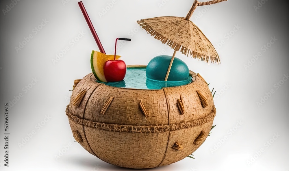 Poster a coconut shell with two umbrellas and two drinks in it. generative ai