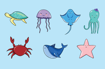 Cute cartoon sea animals. Sea turtle, jellyfish, stingray, octopus, crab, shark, starfish. Vector image. Children's drawing of sea creatures. Set of vector illustrations of the underwater world animal