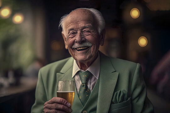 Older well dressed man drinking beer in a pub on Saint Patrick's Day