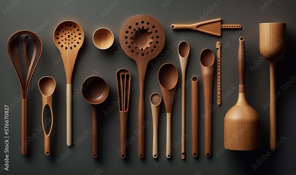 Poster a collection of wooden utensils and spoons on a table. generative ai