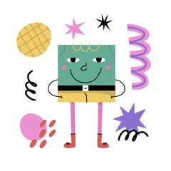 Abstract geometric character. Basic square figure with cute faces, legs and hands, funny graphic mascot. Modern childish creature. Poster or banner isolated objects vector cartoon doodle illustration