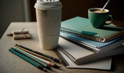  a stack of notebooks, a cup of coffee and pencils on a table.  generative ai
