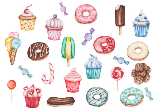 Watercolor illustration. Hand painted confectionery set. Donuts, eclair, cupcakes. Ice cream, eskimo pie, ice lolly. Candies, lollypops, bonbons, cookies. Dessert food. Isolated clip art for prints