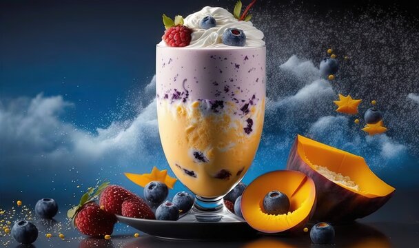  a glass of ice cream with berries and blueberries on a plate.  generative ai