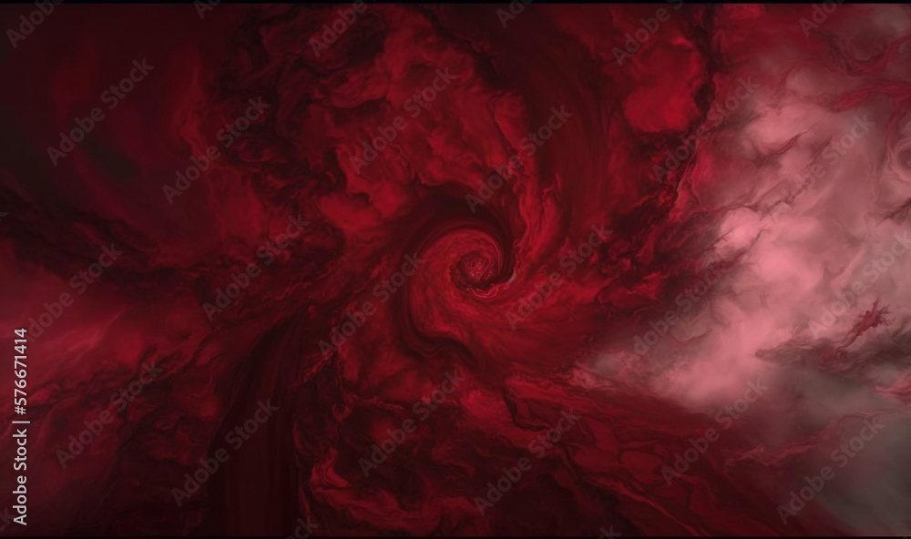 Poster  a red and black swirl is in the air with clouds in the background.  generative ai