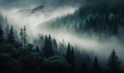  a forest filled with lots of trees covered in fog and mist.  generative ai