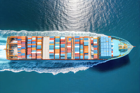 Container ship full of containers for logistics. Aerial view. Generative AI. 