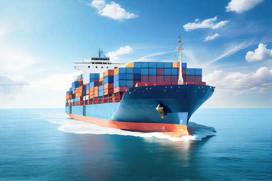 Container ship full of containers for logistics. Generative AI. 