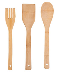 A set of kitchen tools made of light wood.
