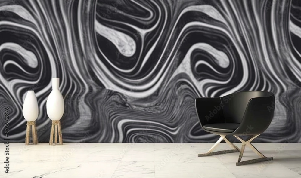 Wall mural a black and white marbled wall with a chair and two vases. generative ai