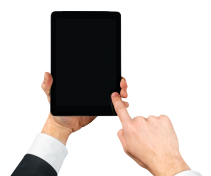 Man holding   digital tablet on background