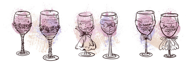 A set of wedding glasses for the bride and groom. Wedding glasses with watercolor splashes. Hand-drawn drink glasses