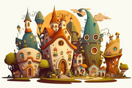 artwork depicting a town filled with elf homes. Generative AI
