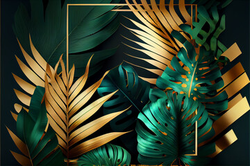 Artistic background, golden and green palm tropical branches. Botanical pattern. AI generated.