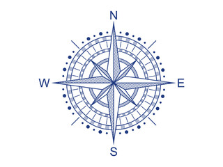 Navigational compass with cardinal directions of North, East, South, West. Geographical position. Line vector illustration