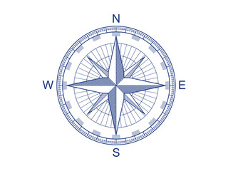 Navigational compass with cardinal directions of North, East, South, West. Geographical position. Line vector illustration