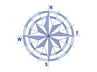 Navigational compass with cardinal directions of North, East, South, West. Geographical position. Line vector illustration